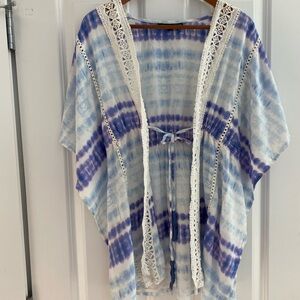 Blue, Purple, and White Tie-Dye Crochet Trim Kimono Top